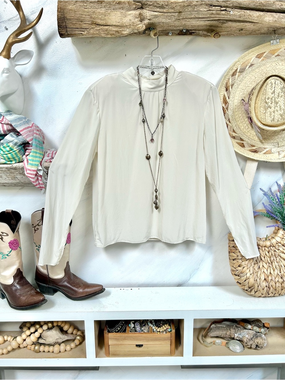 Babaton SILK Cream Long-Sleeve Mock Neck Blouse w midcentury chic vibe